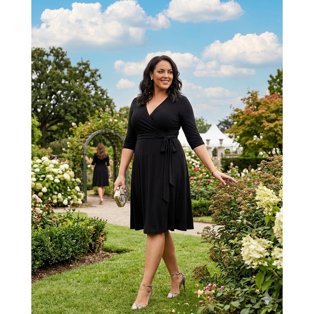 Kiyonna Wrap Midi Dress Black 3/4 Sleeve Plus Size 1X Minimalist Chic Prom Guest